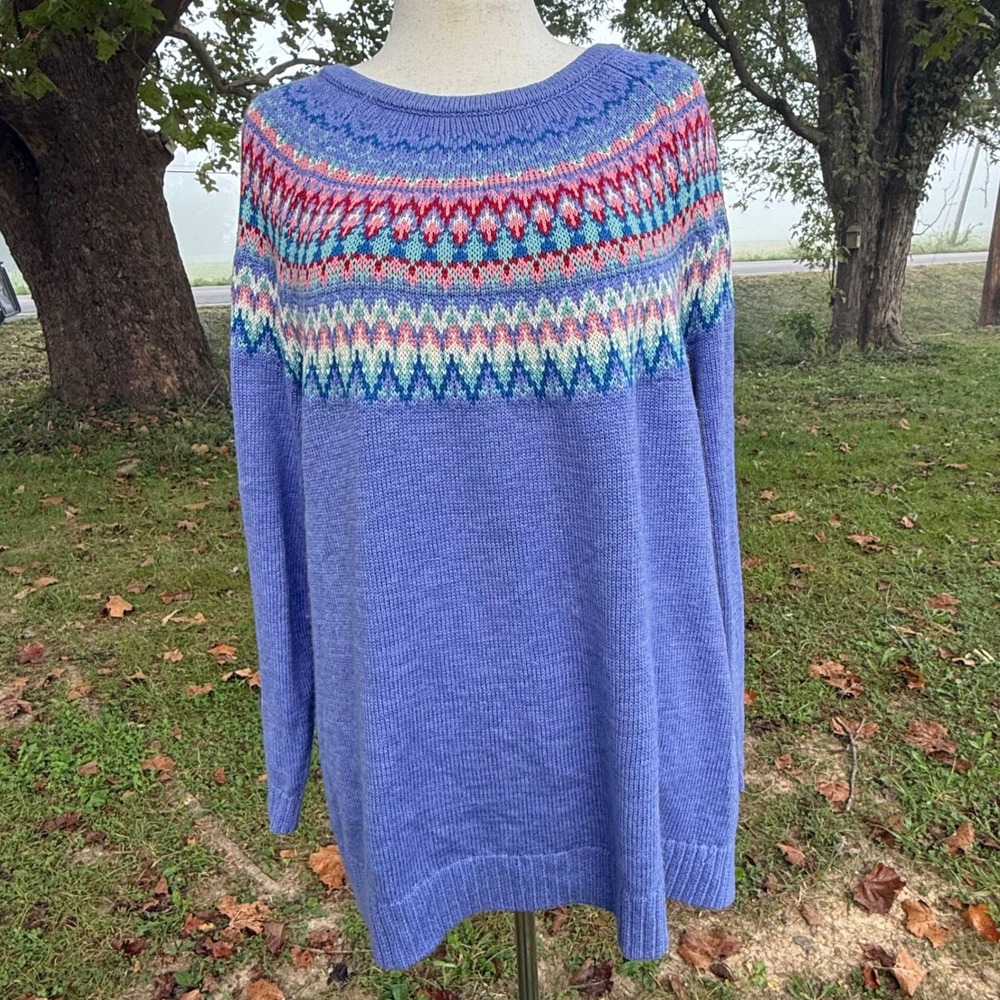 Cj Banks Womens 2X Fair Isle Sweater Periwinkle Blue Cotton Blend Long Sleeve